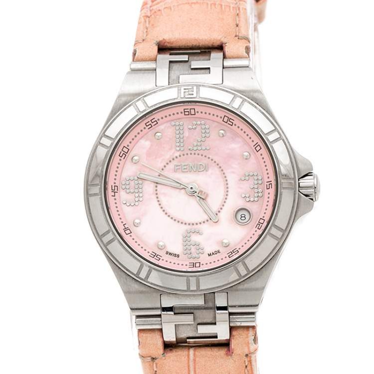 Pre Owned Fendi Pink Mother of Pearl Stainless Steel High Speed 4600M Women's Wristwatch 34 mm