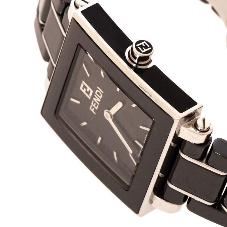 Pre Owned Fendi Black Ceramic Stainless Steel Quadro 6200L Women's Wristwatch 25 mm