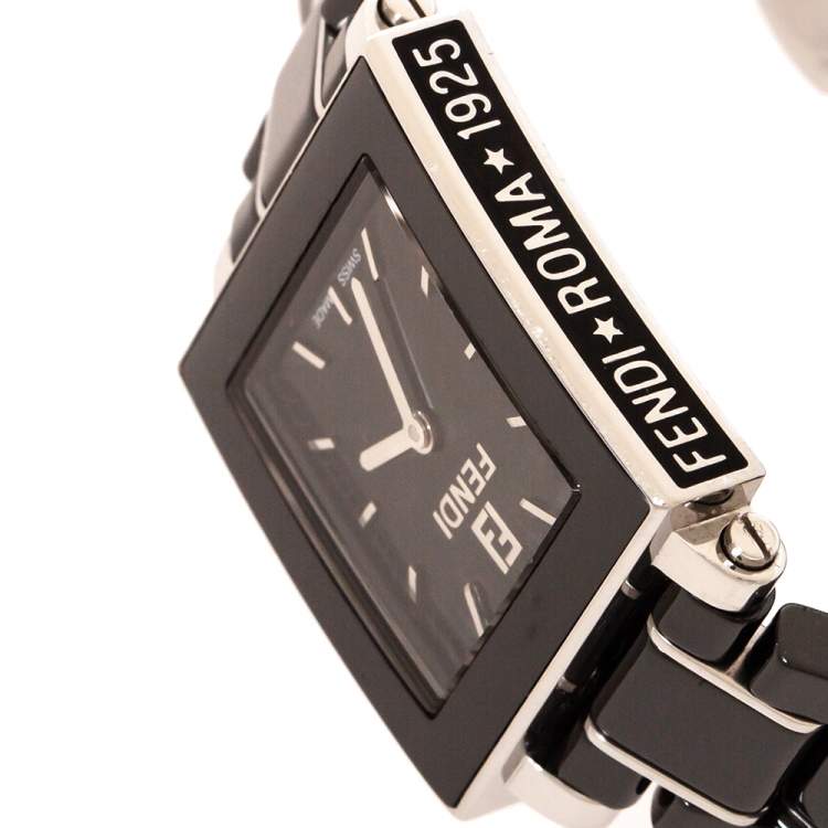 Pre Owned Fendi Black Ceramic Stainless Steel Quadro 6200L Women's Wristwatch 25 mm