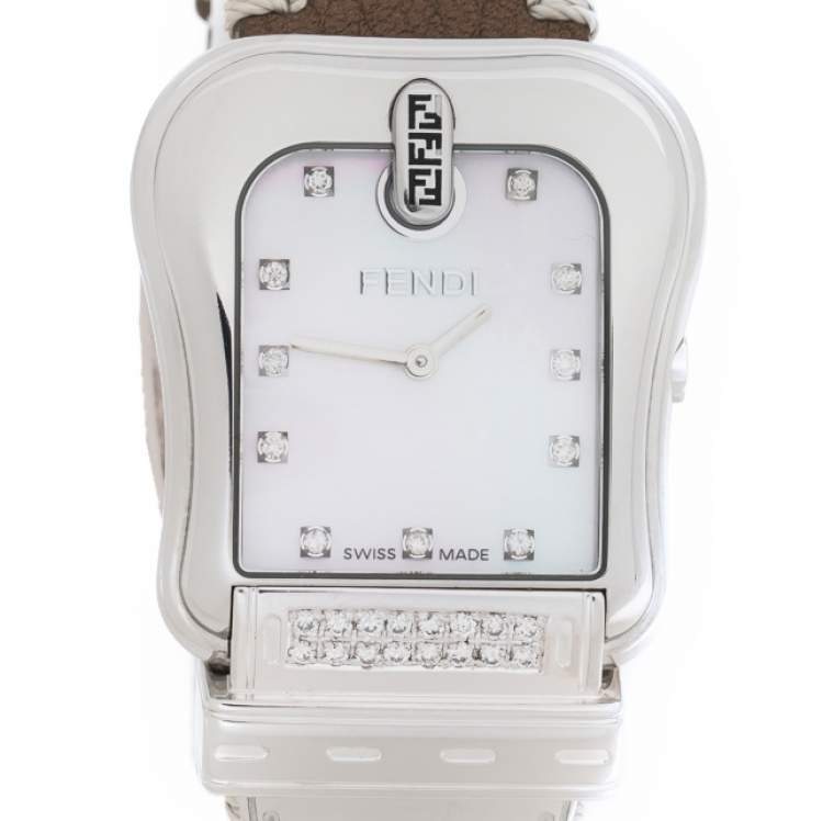 Pre Owned Fendi Mother of Pearl Stainless Steel Diamond B.Fendi 3800G Women's Wristwatch 33 mm