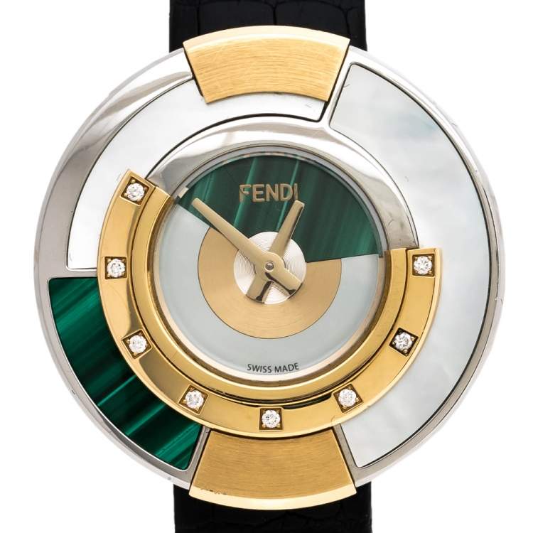 Pre Owned Fendi Mother Of Pearl Malachite Two Tone Stainless Steel Diamond Leather Policromia 51100S Women's Wristwatch 33 mm
