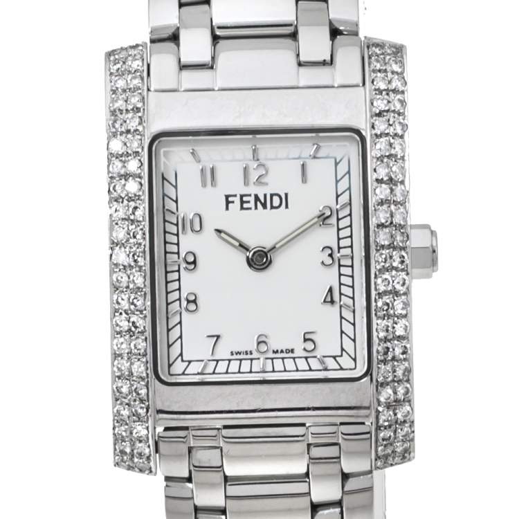 Pre Owned Fendi White Stainless Steel Diamond Orologi 7000L Women's Wristwatch 21 mm