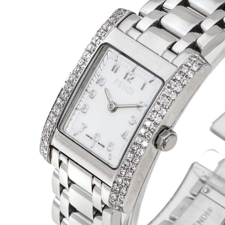 Fendi White Stainless Steel Diamond Orologi 7000L Women's