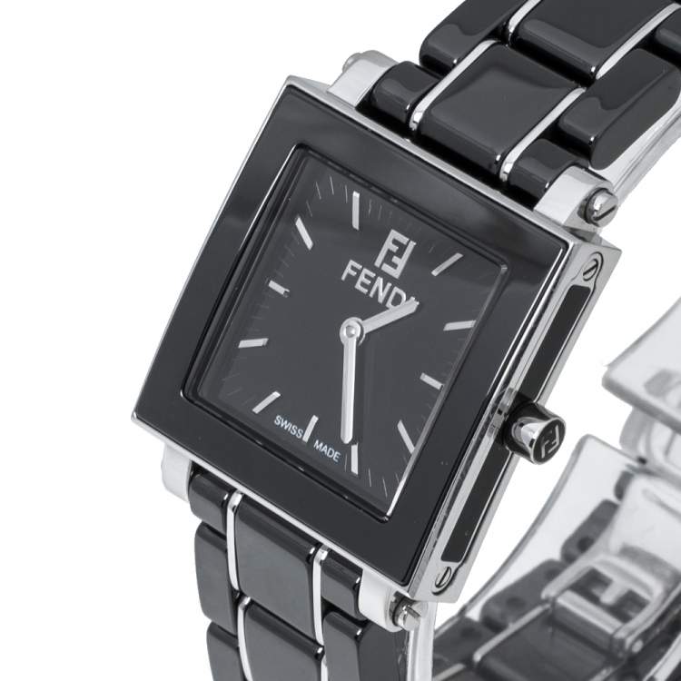 Pre Owned Fendi Black Ceramic and Stainless Steel Quadro 6200L Women's Wristwatch 25 mm