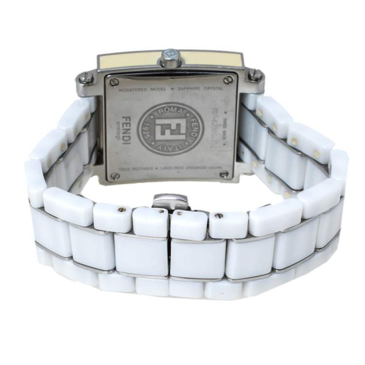 Pre Owned Fendi White Ceramic Stainless Steel Diamond Quadro 6200G Women's Wristwatch 30 mm