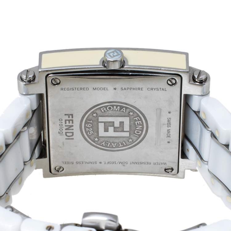 Pre Owned Fendi White Ceramic Stainless Steel Diamond Quadro 6200G Women's Wristwatch 30 mm
