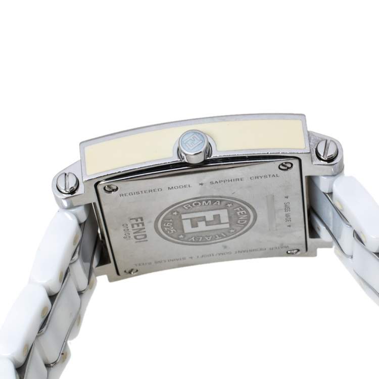 Pre Owned Fendi White Ceramic Stainless Steel Diamond Quadro 6200G Women's Wristwatch 30 mm