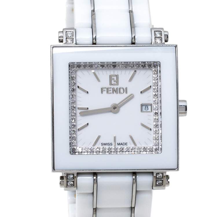 Pre Owned Fendi White Ceramic Stainless Steel Diamond Quadro 6200G Women's Wristwatch 30 mm