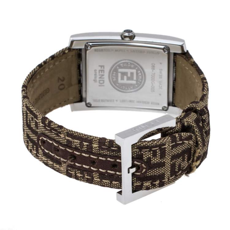 Pre Owned  Fendi Brown Stainless Steel and Canvas Classic 7000G Women's Wristwatch 27 mm