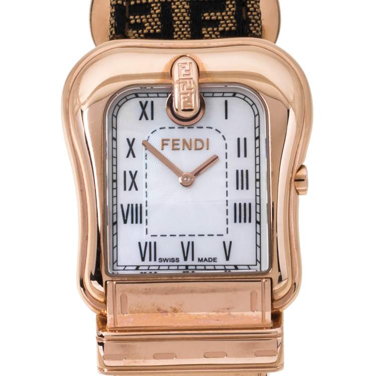 Pre Owned Fendi Mother of Pearl Gold Plated Stainless Steel and Canvas B.Fendi 3800G Women's Wristwatch 33 mm