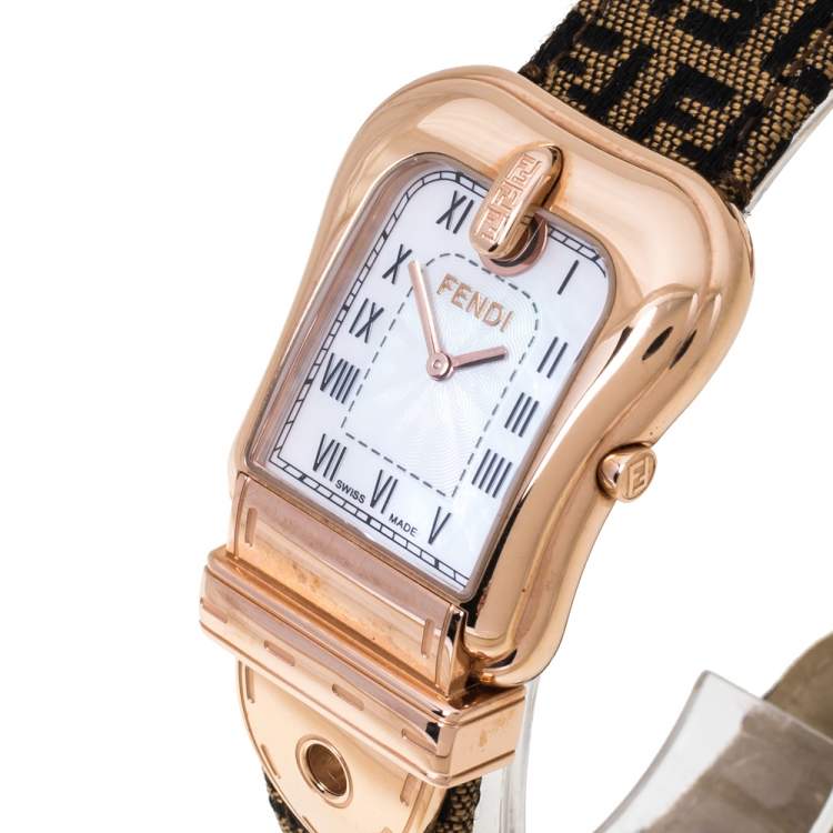 Pre Owned Fendi Mother of Pearl Gold Plated Stainless Steel and Canvas B.Fendi 3800G Women's Wristwatch 33 mm