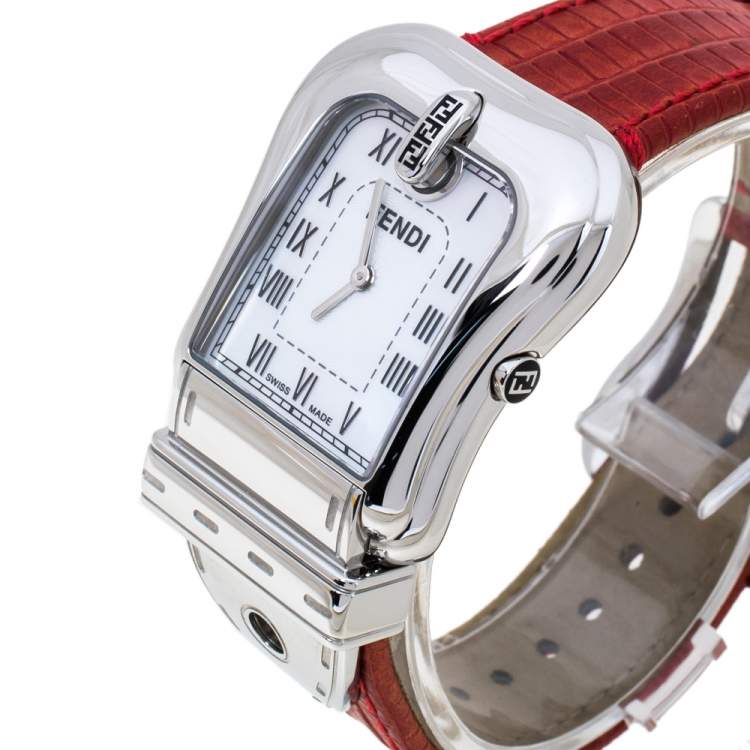 Pre Owned Fendi Mother of Pearl Stainless Steel Leather B.Fendi 3800G Women's Wristwatch 33 mm