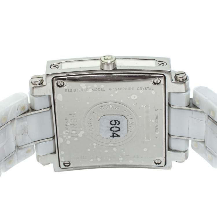 Pre Owned Fendi White Ceramic Stainless Steel Quadro F622140 Women's Wristwatch 30 mm