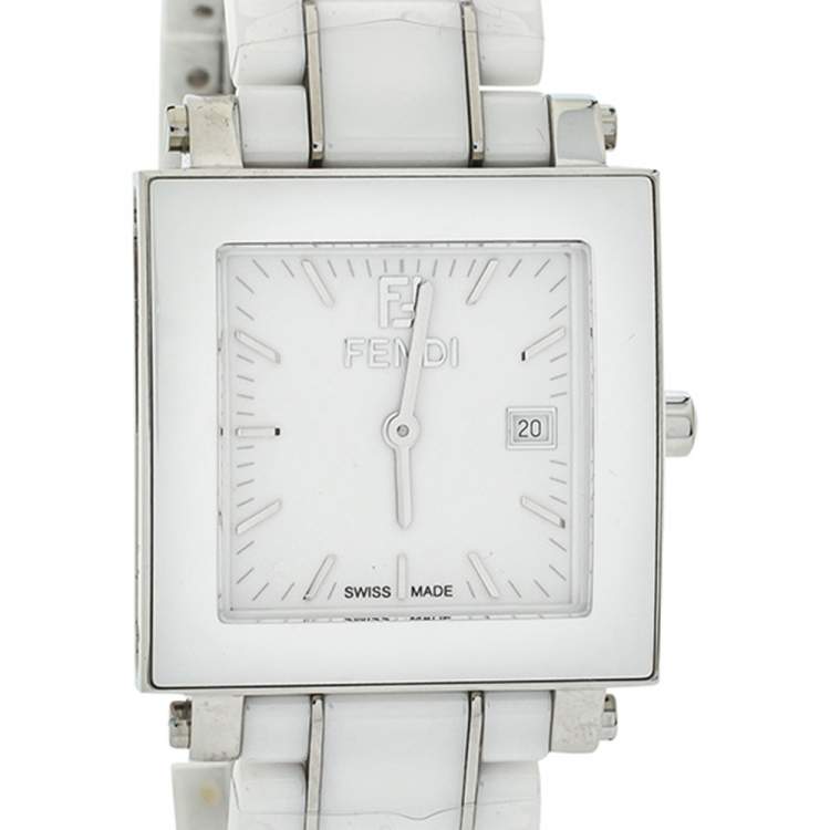 Pre Owned Fendi White Ceramic Stainless Steel Quadro F622140 Women's Wristwatch 30 mm