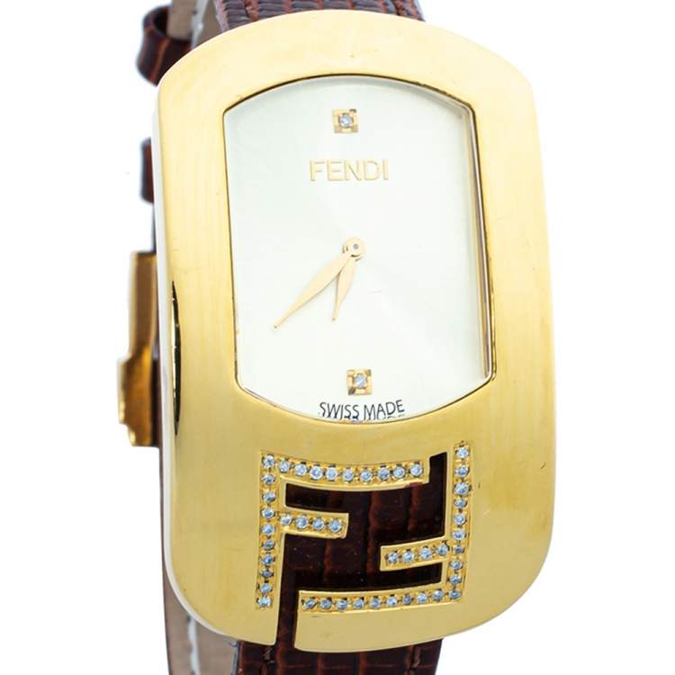 Pre Owned Fendi Champagne Gold Plated Steel Leather Diamond Chameleon 30000M Women's Wristwatch 29 mm