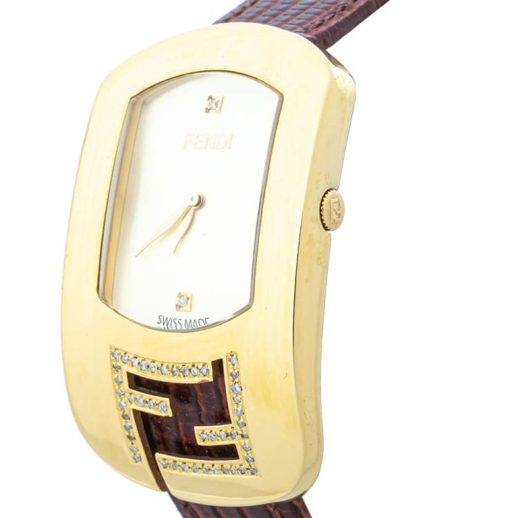 Pre Owned Fendi Champagne Gold Plated Steel Leather Diamond Chameleon 30000M Women's Wristwatch 29 mm