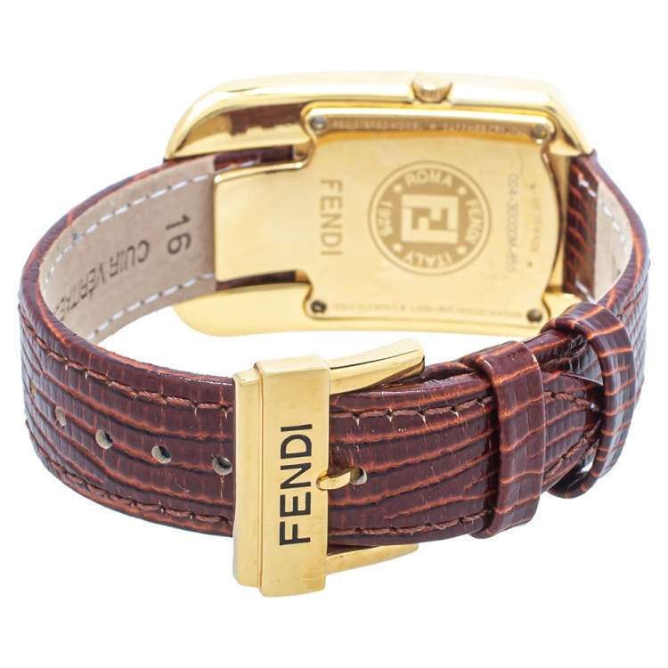 Pre Owned Fendi Champagne Gold Plated Steel Leather Diamond Chameleon 30000M Women's Wristwatch 29 mm