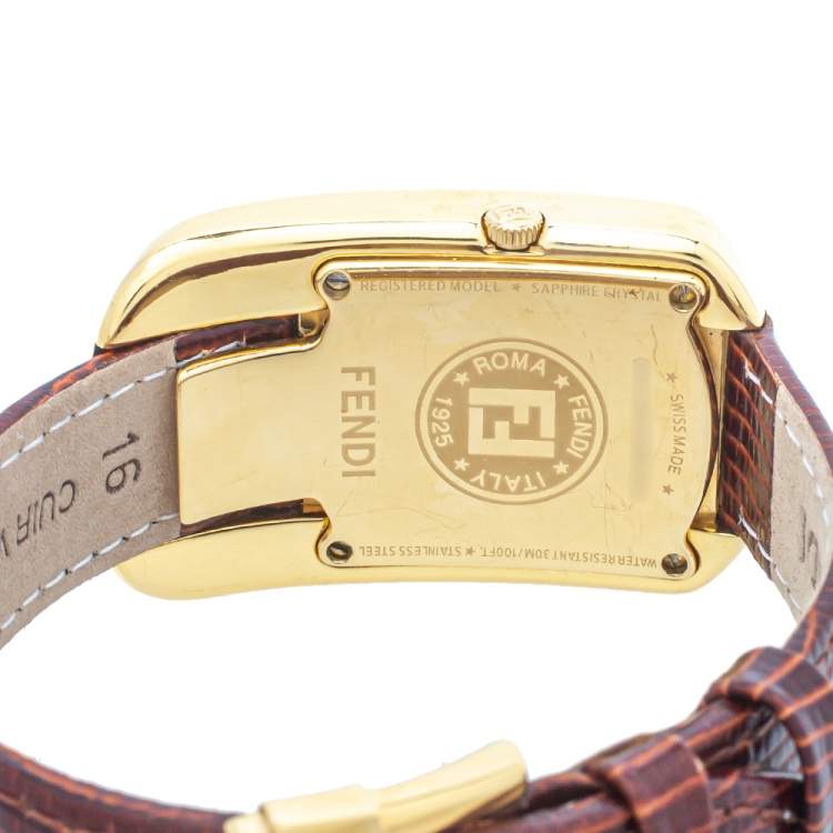 Pre Owned Fendi Champagne Gold Plated Steel Leather Diamond Chameleon 30000M Women's Wristwatch 29 mm
