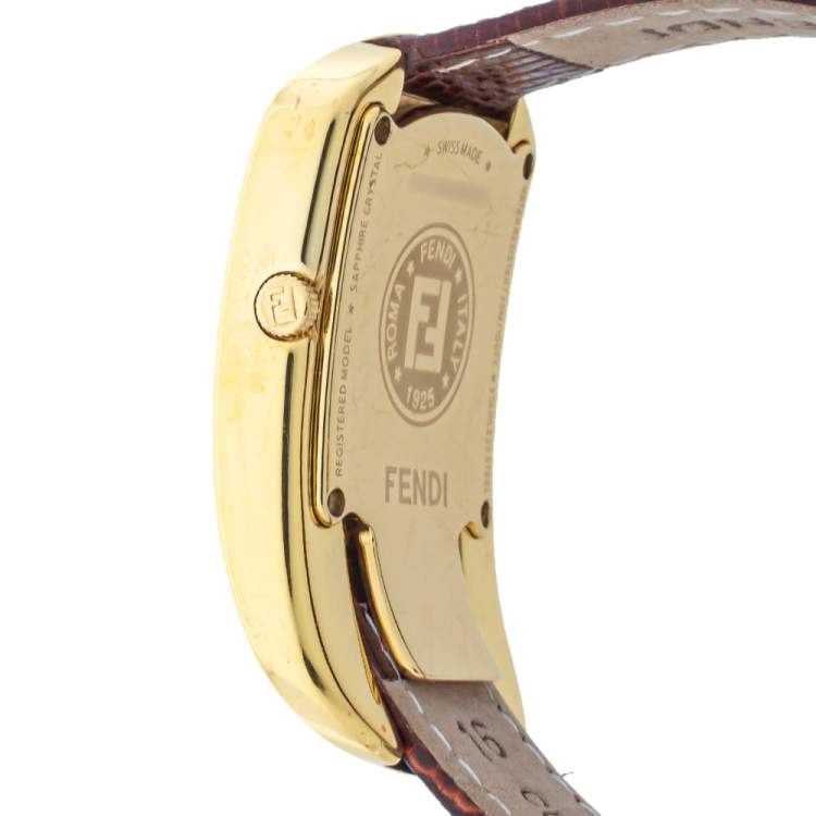 Pre Owned Fendi Champagne Gold Plated Steel Leather Diamond Chameleon 30000M Women's Wristwatch 29 mm