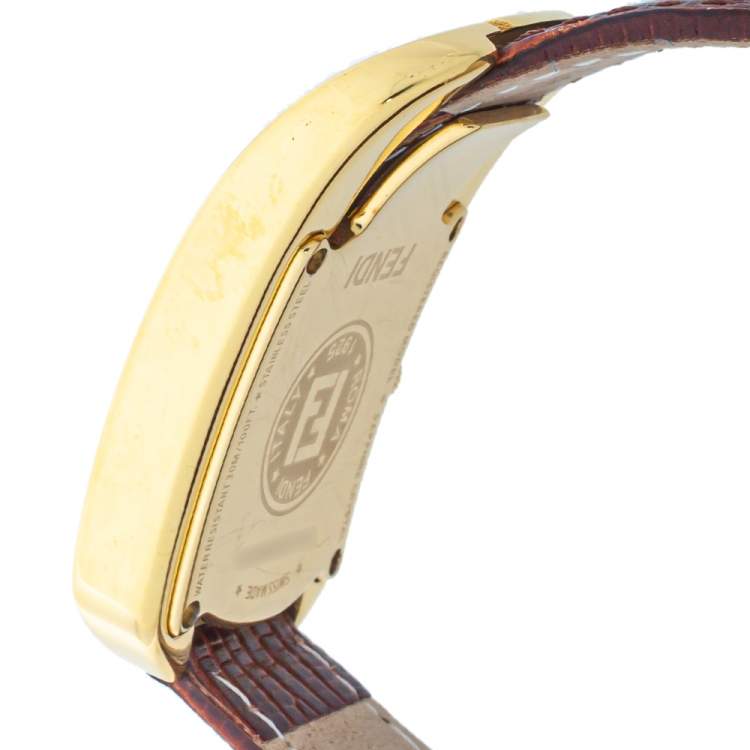 Pre Owned Fendi Champagne Gold Plated Steel Leather Diamond Chameleon 30000M Women's Wristwatch 29 mm