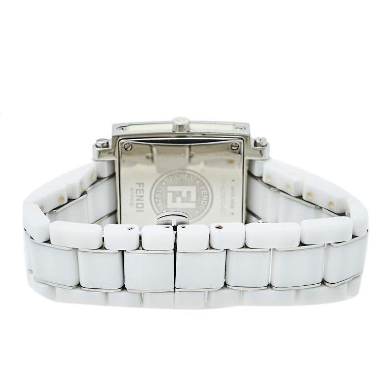 Pre Owned Fendi White Ceramic And Stainless Steel Diamonds Quadro 6200G Women's Wristwatch 30 mm