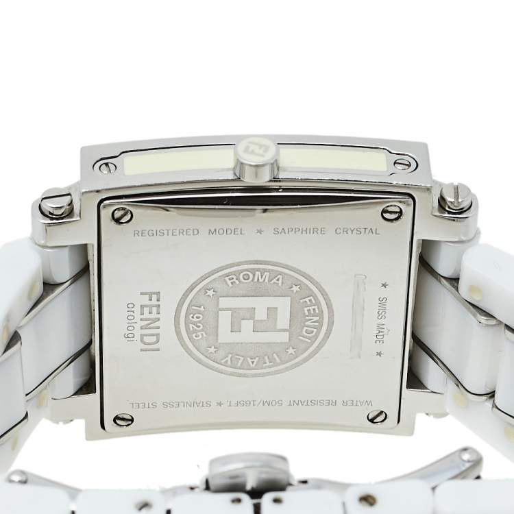 Pre Owned Fendi White Ceramic And Stainless Steel Diamonds Quadro 6200G Women's Wristwatch 30 mm