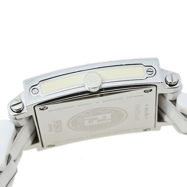 Pre Owned Fendi White Ceramic And Stainless Steel Diamonds Quadro 6200G Women's Wristwatch 30 mm