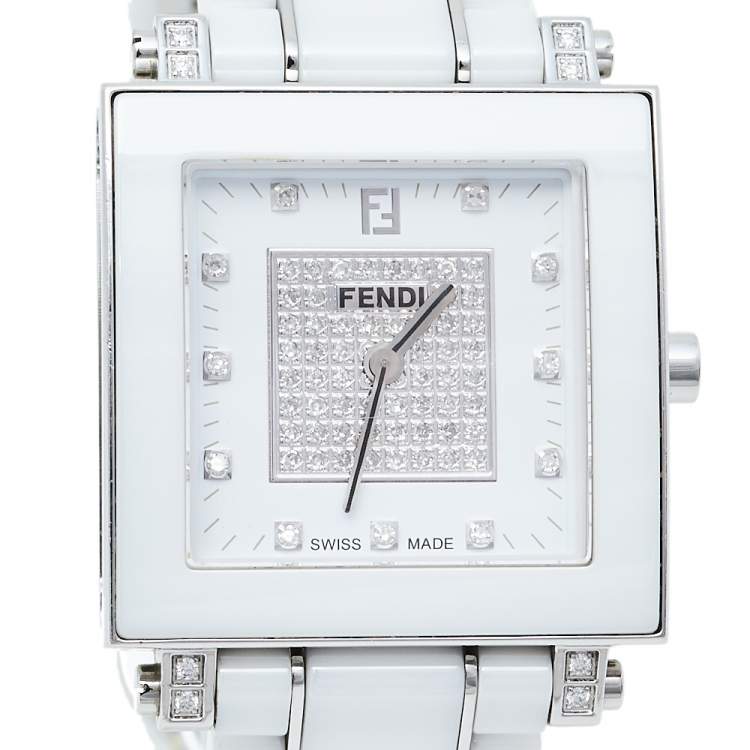 Pre Owned Fendi White Ceramic And Stainless Steel Diamonds Quadro 6200G Women's Wristwatch 30 mm