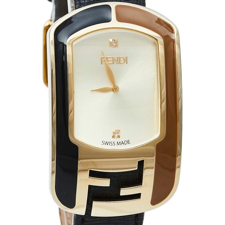 Pre Owned Fendi Yellow Gold Plated Stainless Steel Leather Chameleon 30000M Women's Wristwatch 29 mm