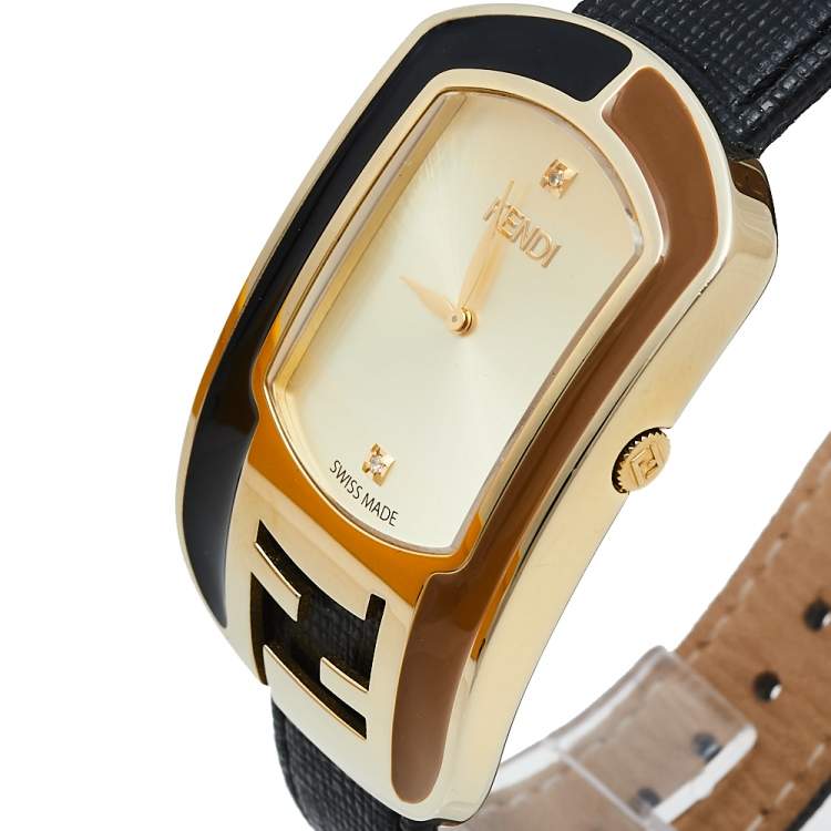 Pre Owned Fendi Yellow Gold Plated Stainless Steel Leather Chameleon 30000M Women's Wristwatch 29 mm