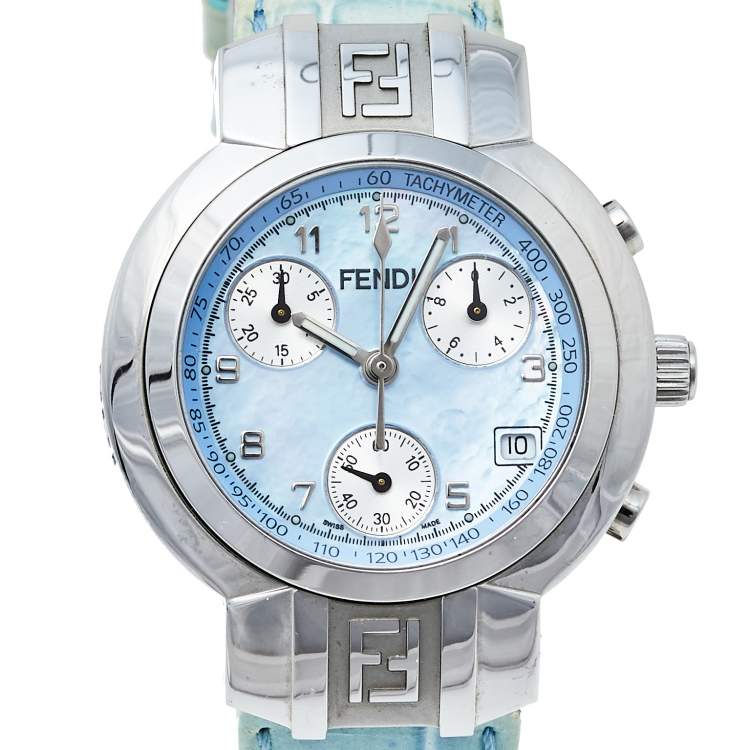 Pre Owned Fendi Mother Of Pearl Stainless Steel & Leather 4500L Women's Wristwatch 32 mm