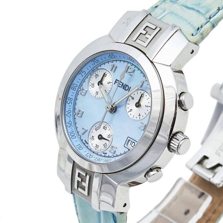 Pre Owned Fendi Mother Of Pearl Stainless Steel & Leather 4500L Women's Wristwatch 32 mm