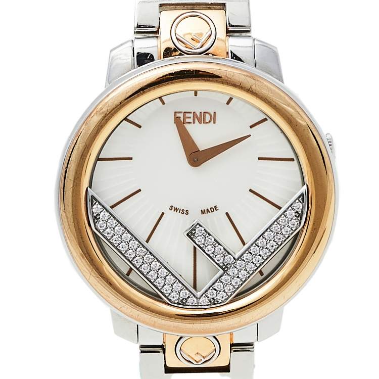 Pre Owned Fendi White Two-Tone Stainless Steel Diamonds Runaway 71000S Women's Wristwatch 28 mm