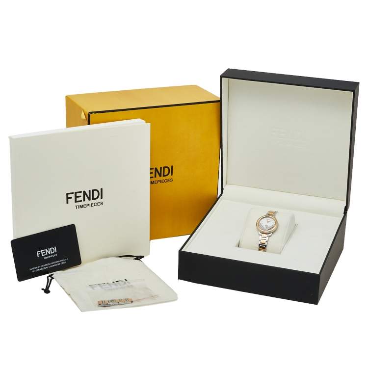 Pre Owned Fendi White Two-Tone Stainless Steel Diamonds Runaway 71000S Women's Wristwatch 28 mm