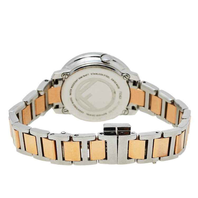 Pre Owned Fendi White Two-Tone Stainless Steel Diamonds Runaway 71000S Women's Wristwatch 28 mm