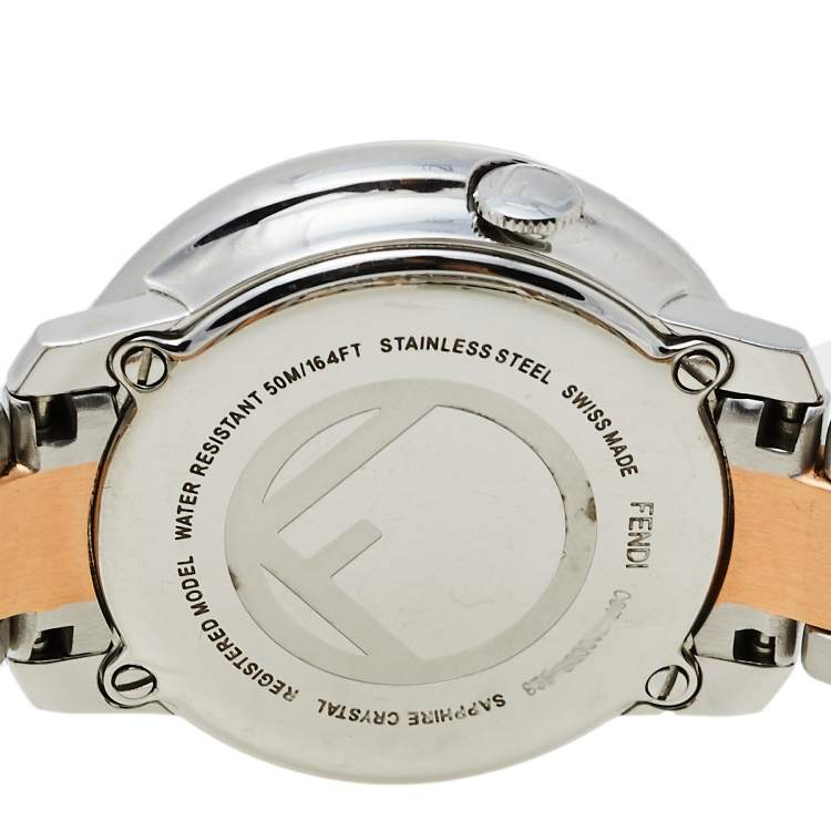 Pre Owned Fendi White Two-Tone Stainless Steel Diamonds Runaway 71000S Women's Wristwatch 28 mm