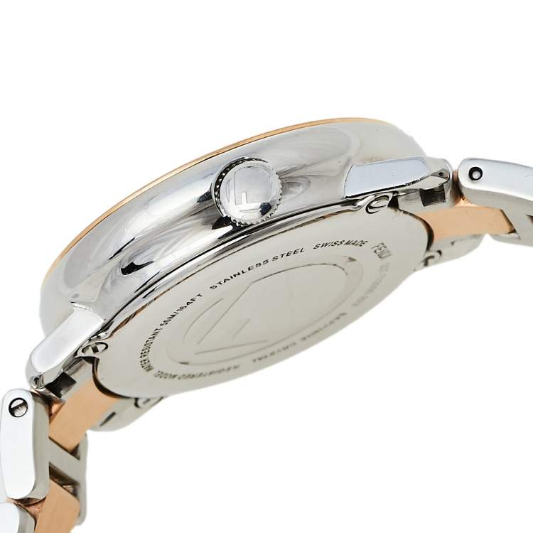 Pre Owned Fendi White Two-Tone Stainless Steel Diamonds Runaway 71000S Women's Wristwatch 28 mm