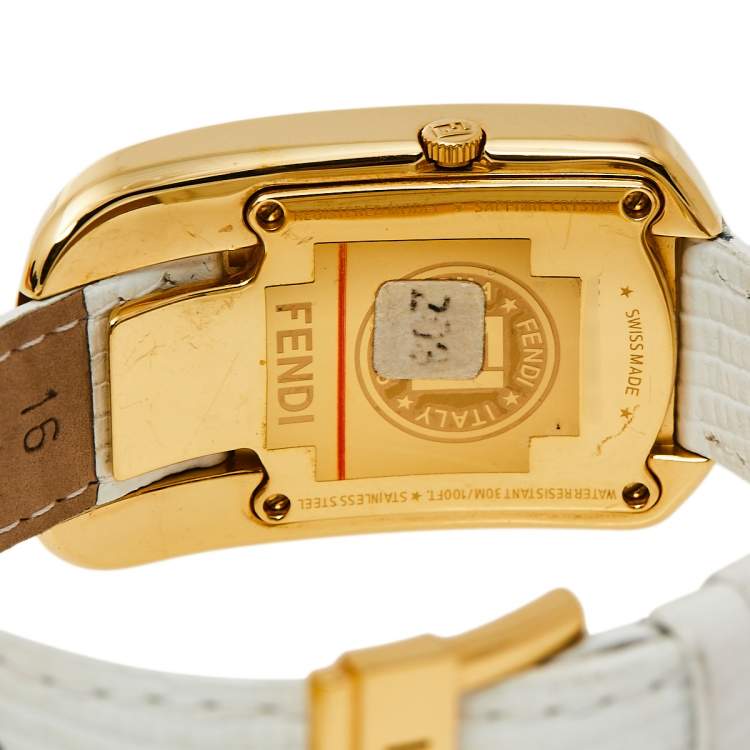 Pre Owned Fendi White Yellow Gold Plated Stainless Steel Leather Chameleon 30000M Women's Wristwatch 29 mm 