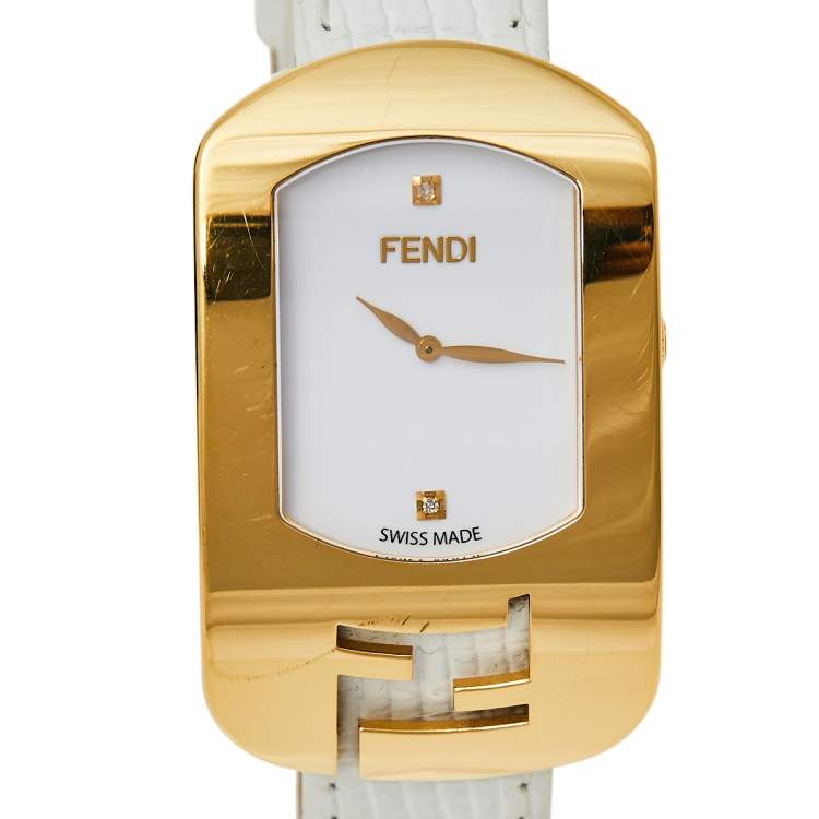 Pre Owned Fendi White Yellow Gold Plated Stainless Steel Leather Chameleon 30000M Women's Wristwatch 29 mm 