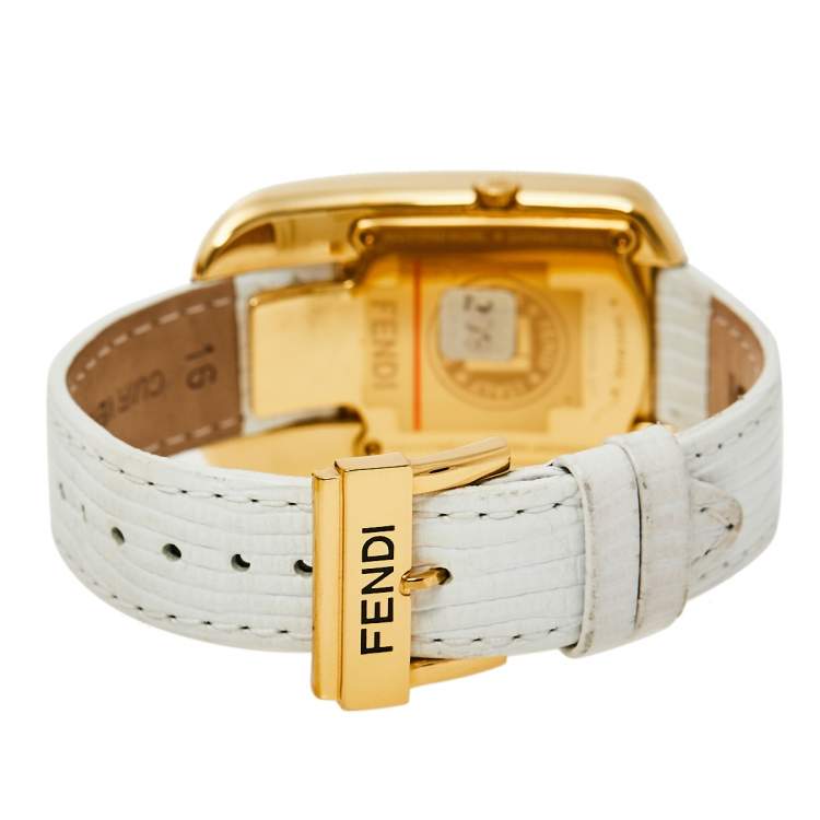 Pre Owned Fendi White Yellow Gold Plated Stainless Steel Leather Chameleon 30000M Women's Wristwatch 29 mm 