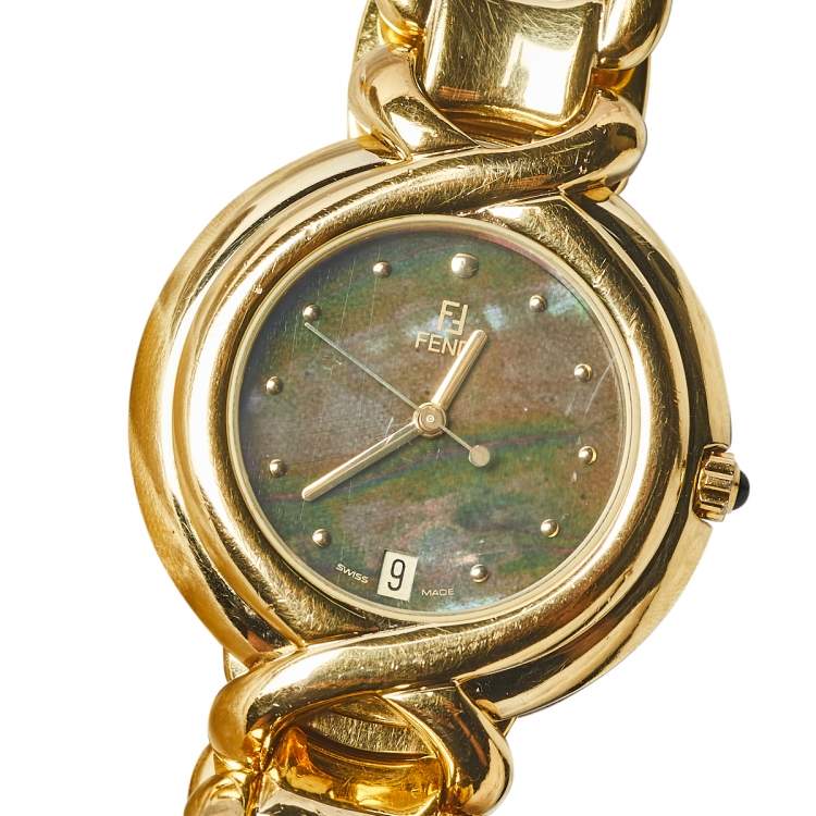 Pre Owned Fendi Mother of Pearl Gold Tone Stainless Steel 700G Women's Wristwatch 35 mm