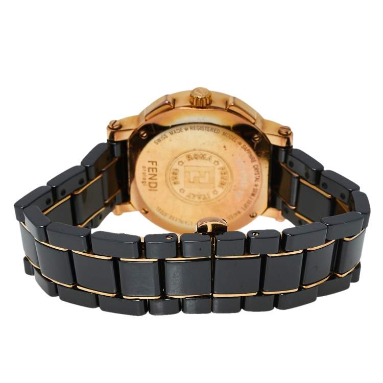 Pre Owned Fendi Black Ceramic & Gold Tone Stainless Steel Chrono 6700G Women's Wristwatch 38 mm