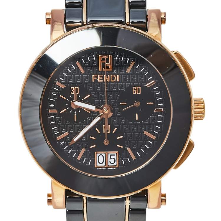 Pre Owned Fendi Black Ceramic & Gold Tone Stainless Steel Chrono 6700G Women's Wristwatch 38 mm