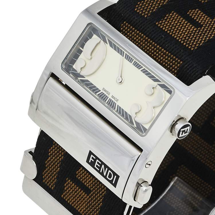 Pre Owned Fendi Cream Stainless Steel FF Zip Code 1120L Women's Wristwatch 38 mm