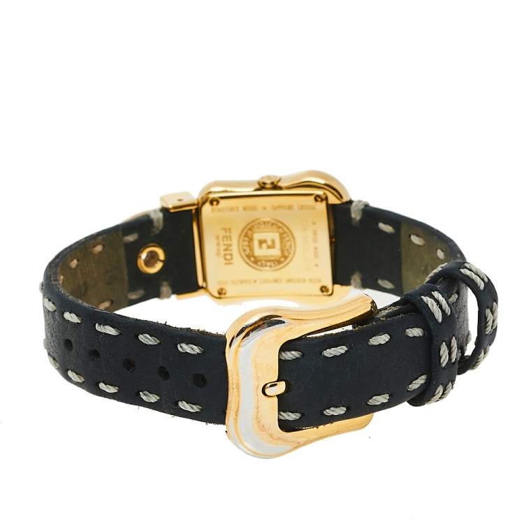 Pre Owned Fendi Black Gold Tone Stainless Steel Leather 3800L Women's Wristwatch 23 mm