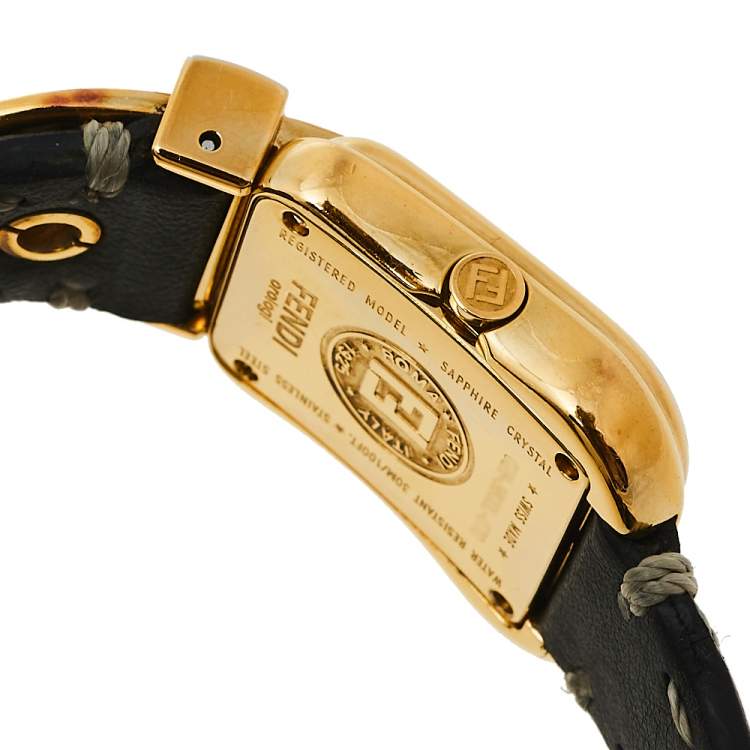 Pre Owned Fendi Black Gold Tone Stainless Steel Leather 3800L Women's Wristwatch 23 mm