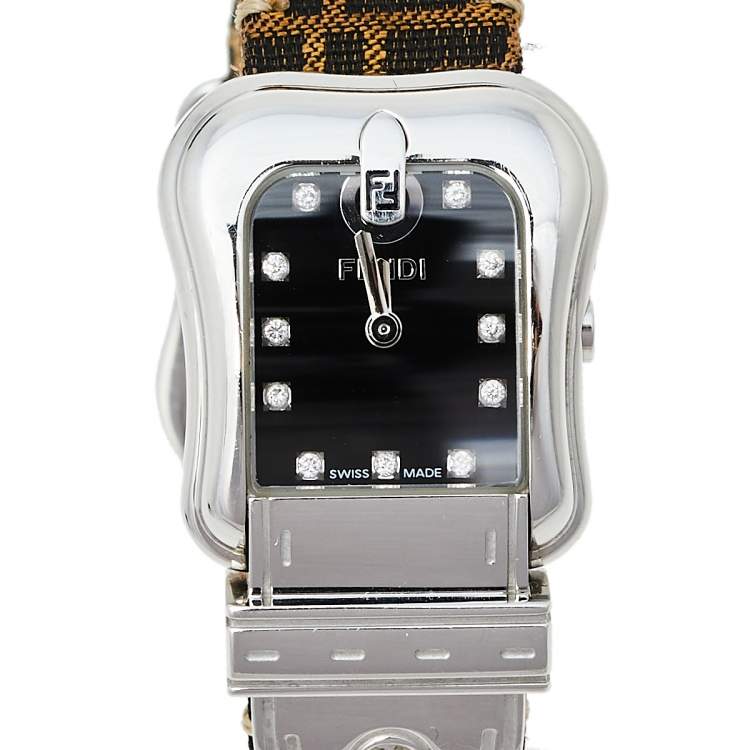 Pre Owned Fendi Black Stainless Steel Canvas B.Fendi 3800L Women's Wristwatch 23 mm