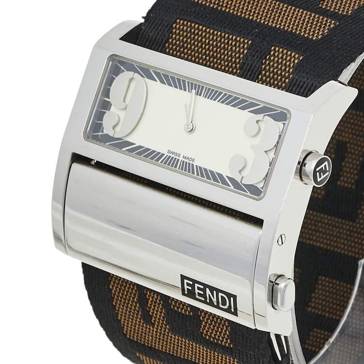 Pre Owned Fendi Cream Stainless Steel and Canvas Orologi 1120G Women's Wristwatch 45 mm