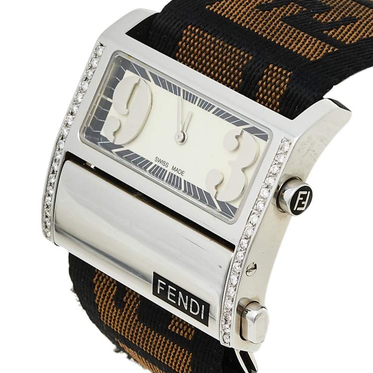 Pre Owned Fendi Cream Stainless Steel and Canvas Diamond Zip Code 1120L Women's Wristwatch 38 mm