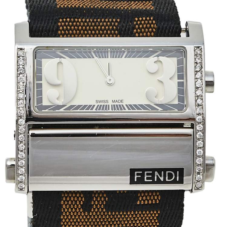 Pre Owned Fendi Cream Stainless Steel and Canvas Diamond Zip Code 1120L Women's Wristwatch 38 mm